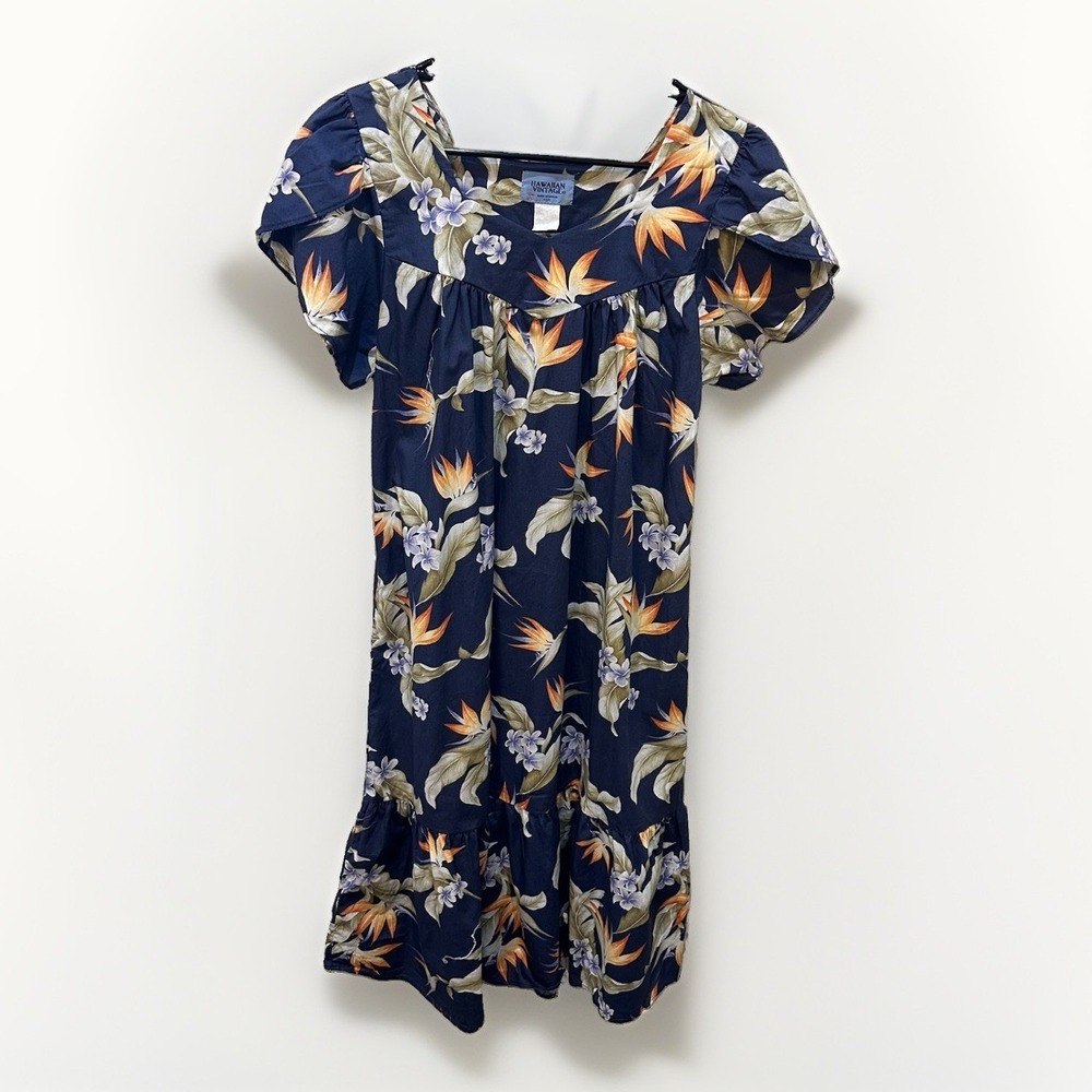 Hawaiian Vintage Blue Floral Muumuu House Dress L Cotton Tropical Vacation USA